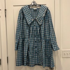 Ganni seersucker check wide shirt dress in blue